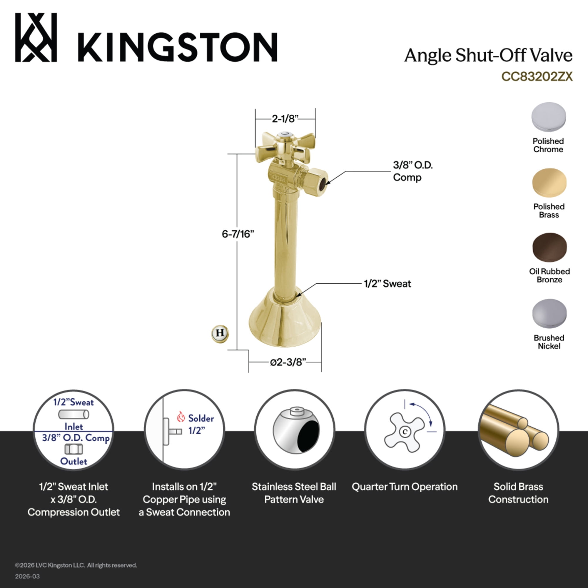 Kingston Brass CC83208ZX 1/2-Inch Sweat x 3/8-Inch O.D. Comp Angle Shut-Off Valve with 5-Inch Extension in Brushed Nickel