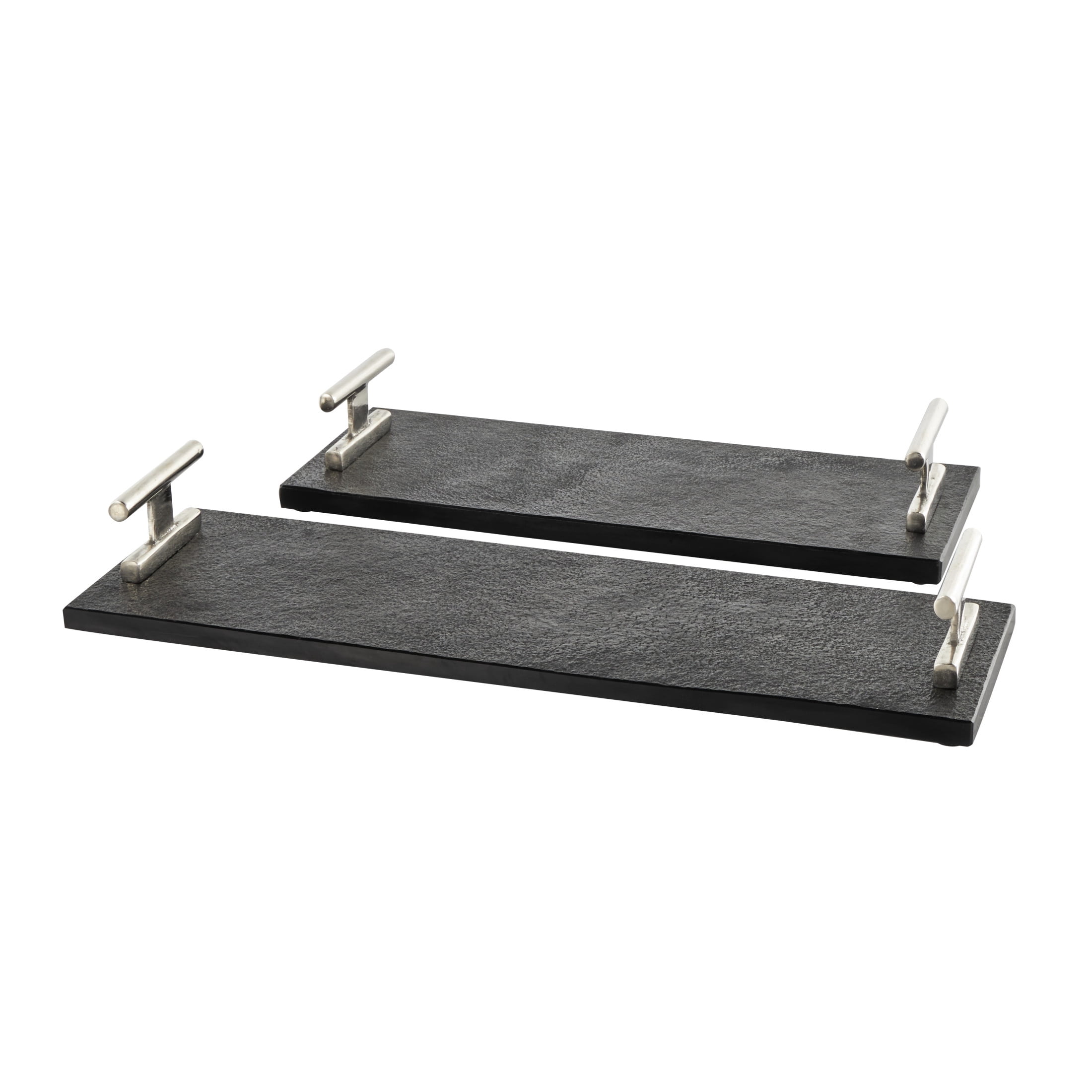 DecMode 22", 18"W Black Marble Textured Tray with Silver Handles, 2-Pieces
