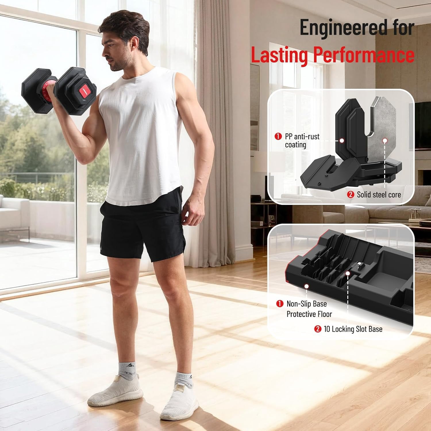 HXD-ERGO 15 in 1 Adjustable Dumbbell Weight, 1-Second Quick Change Weights, 55/110 LBS Free Weights with Anti-Slip Grip & Secure Lock, Space-Saving Home Gym Equipment for Men Women Full Body Workout