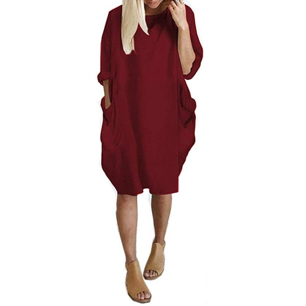Women Loose Long Sleeve Plain Solid Baggy Party Shirt Mini Short Dresses With Pockets