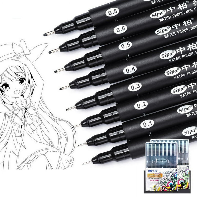 Sipa 8pcs Black Thin Liner Pens Mini Liner Fineliner Drawing Pens for Artist Illustration Technical Drawing Office Documents