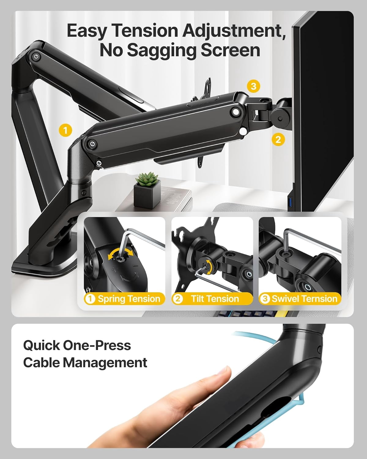 Dual Monitor Stand for Desk, 17-32 Inch Mechanical Spring Dual Arm, Heavy Duty Steel Adjustable Monitor Mount, Full Motion VESA 75x75/100x100, C-Clamp & Grommet, Holds  to 20 lbs Each