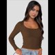 thumbnail image 4 of Top Corto de Larga con Cuello Cuadrado para Mujer, Top de Punto Acanalado con Nudo y Encaje de Patchwork. Marrón M, 4 of 10