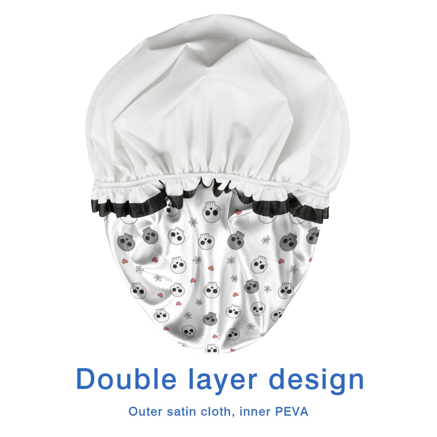 Shower Caps,White Skull Heart Flower Pattern Waterproof Shower Cap for Women 4 Pieces,Double Reusable Hair Cover for Shower PEVA Elastic Stretch Hem