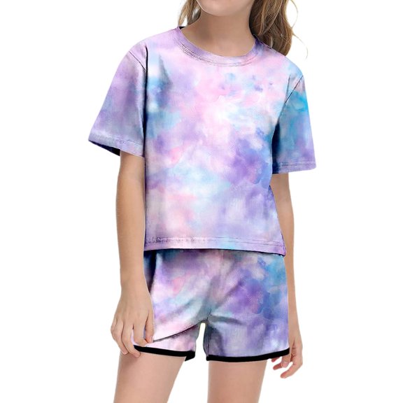 RTKFRFLM Girls 2-Piece Tie-Dye Summer Set Fashionable Short Sleeve Crewneck Top and Pocket Shorts Outfit Trendy Colorful Casual Clothes for Big Girls and Youth Sizes Clothing