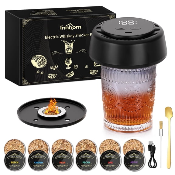 Electric Whiskey Smoker Kit, Cocktail Smoker Kit with 6 Wood Chips, No Butane Needed & 6 Colors Ambient Light, Built-in Rechargeable Lighter, Old Fashioned Drink Smoker, Gift for Men, Dad, Husband