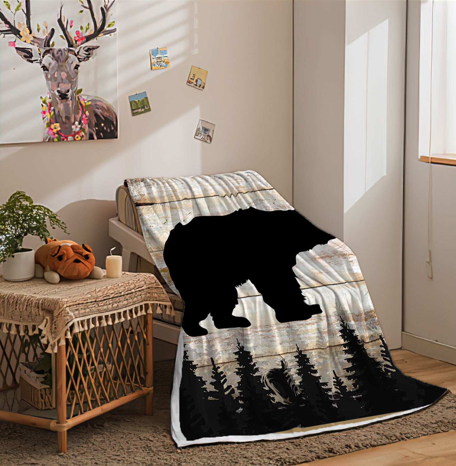 Rustic Forests Bear Throw Blanket, Brown Wooden Board Black Plaid Soft Flannel Bed Throw Blanket for Couch, Framhouse Retro Style Lightweight Fluffy Plush Fuzzy Sofa and Travel Bed Blanket 60X80in