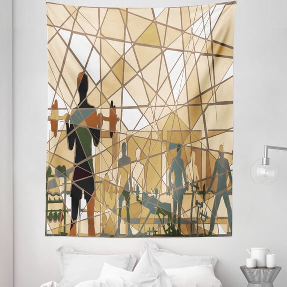 Fitness Tapestry, Mosaic Design of People Exercising in a Gym Barbells Weightlift, Fabric Wall Hanging Decor for Bedroom Living Room Dorm, 5 Sizes, Slate Blue Pale Brown, by Ambesonne