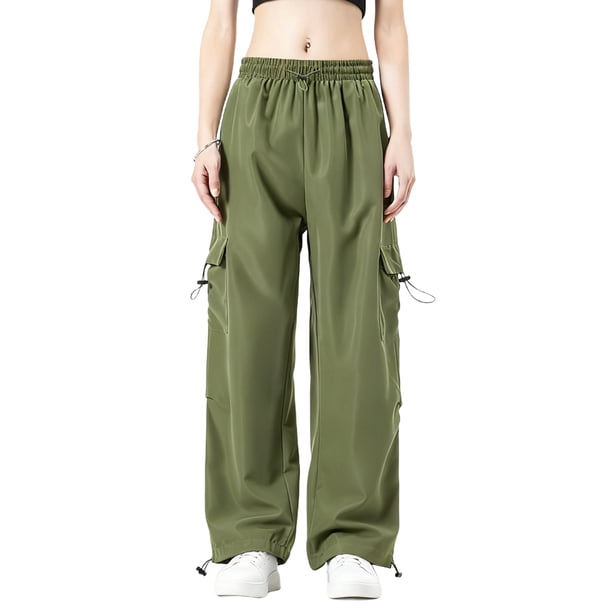 Amzcrzy Pantalones cargo informales para mujer: cintura elástica con cordón, bolsillos con solapa, estilo paracaídas/harem/jogging, holgados, cintura alta, tallas M-2XL. Verde