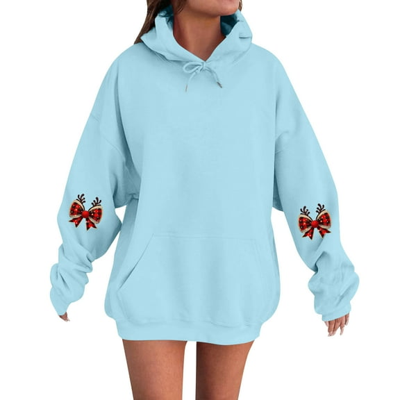 Women's Fashion Casual Comfortable Round Neck Hooded Long Sleeve Christmas Print Warm Sweatshirt for Holiday Wear and Winter Season Comfort,Light Blue,3XL