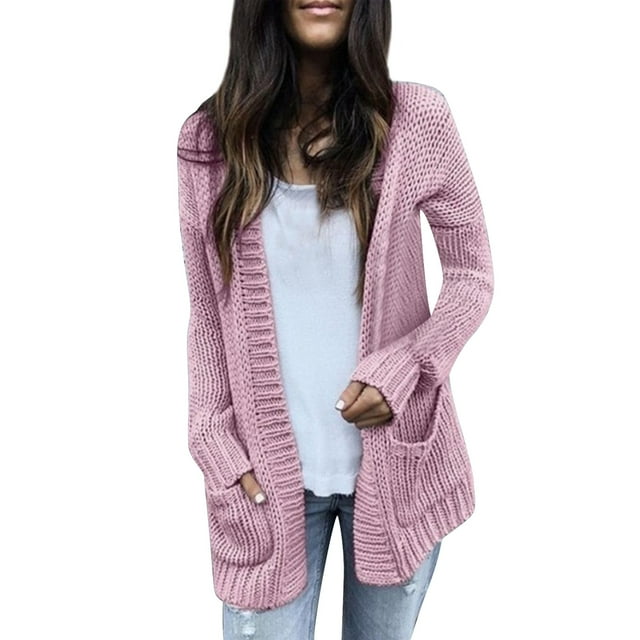 Manteau d'Hiver Automne pour Femmes Trench-Coat Chaud Solide Ouvert devant Manteau Col Rond Tricoté Cardigan Mode Mi-Long Manteau Extérieur