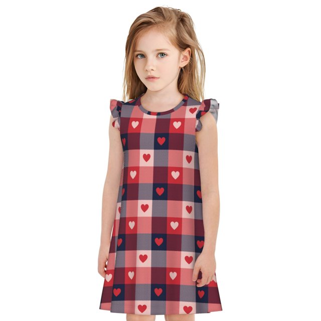 Fotbe Heart Plaid Vestido de Dormir para Niñas de 3 a 10 Años, Mangas Cortas, Estilo Princesa, Pijama Camisón con Mangas Voladas-Large