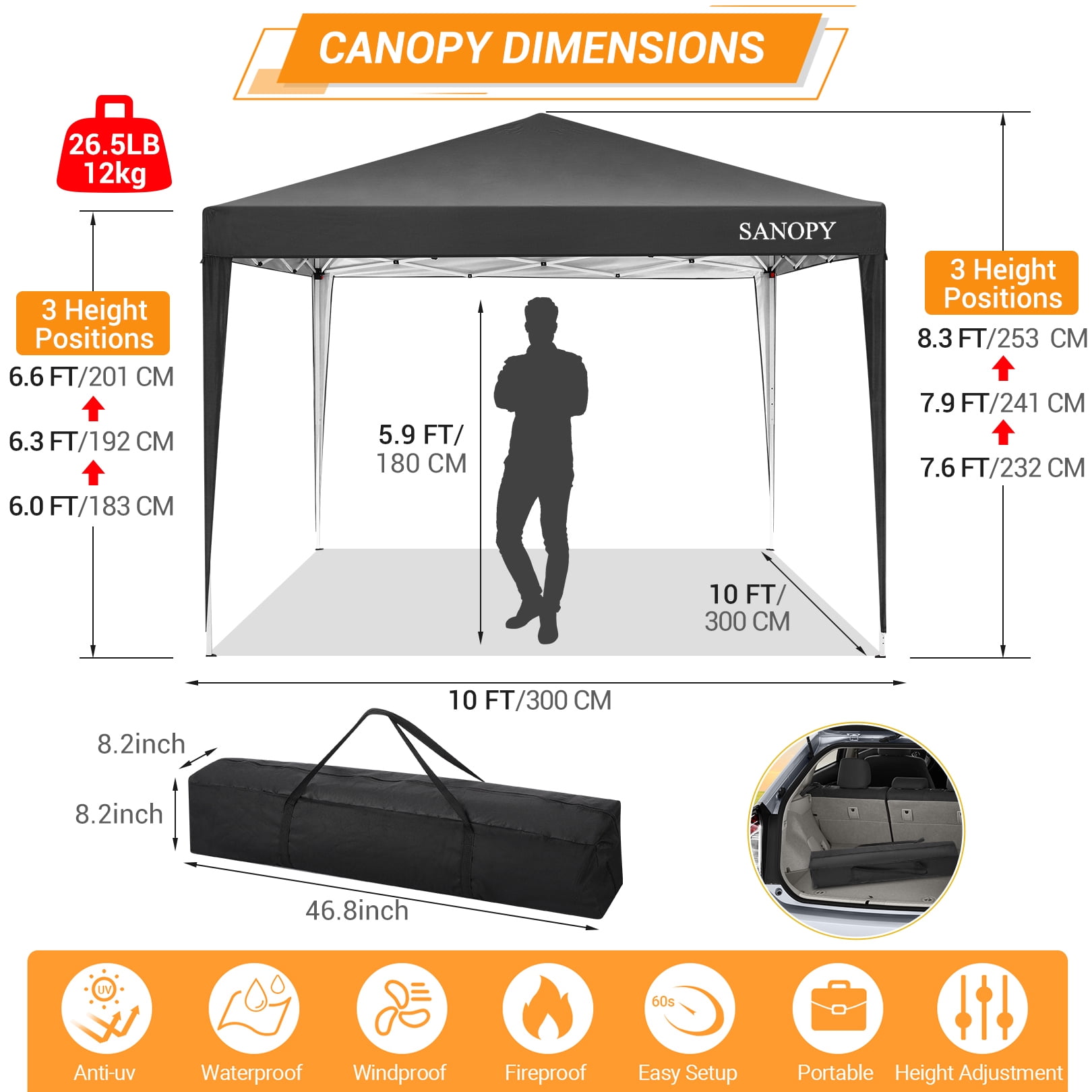 COBIZI 10'x10' EZ Pop Up Canopy Tent Outdoor Party Instant Shelter Portable Folding Beach Canopy with 4 Sandbag & Carrying Bag, Black
