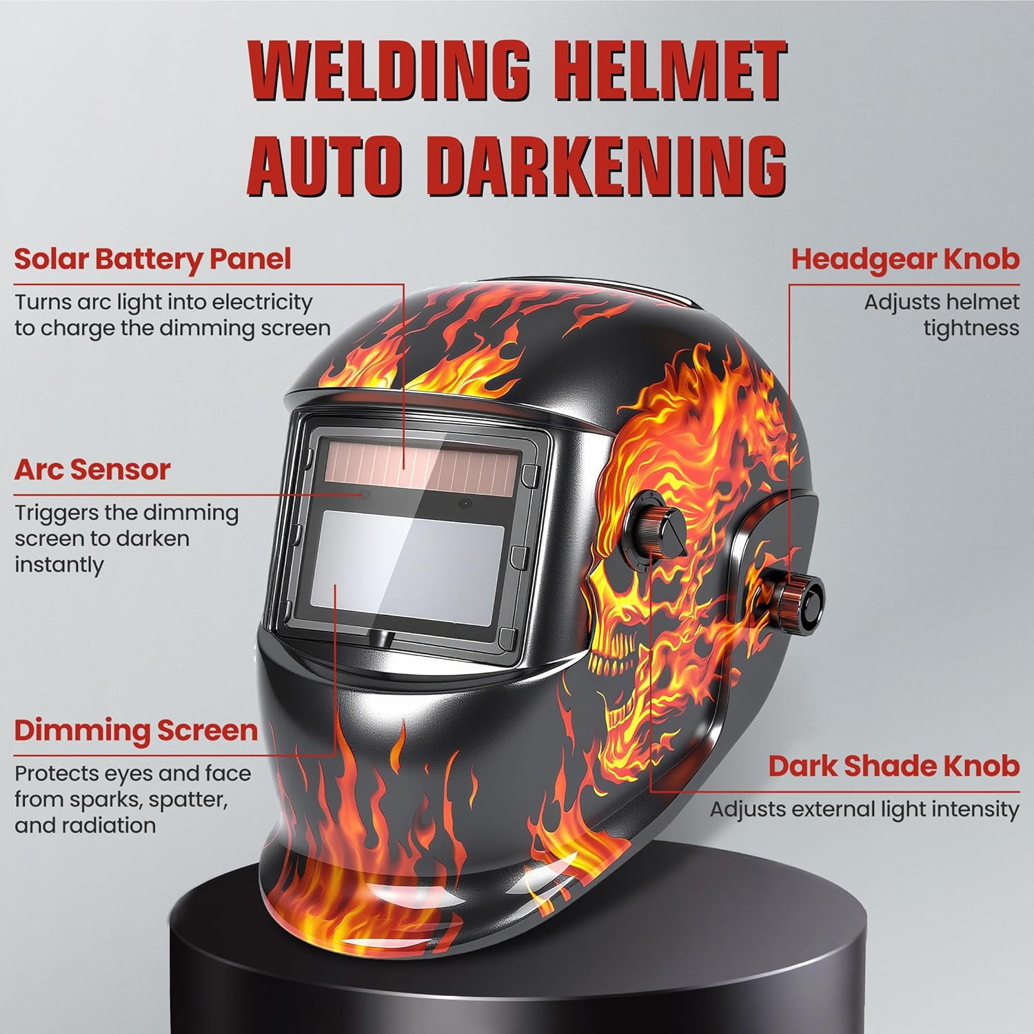 Welding Helmet Auto Darkening Flaming Skull Design Welding Mask 3.66"X1.69" View Area Welding Hood with Sensors Solar Powered Weld Hood Helmet with Adjustable Shade Range 4&9-13