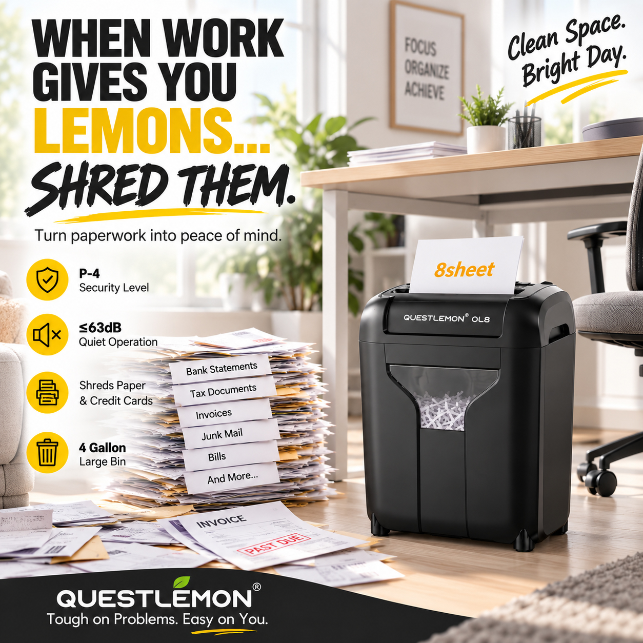 QUESTLEMON 8-Sheet Cross-Cut Paper Shredder with 4-Gallon Bin photo 2