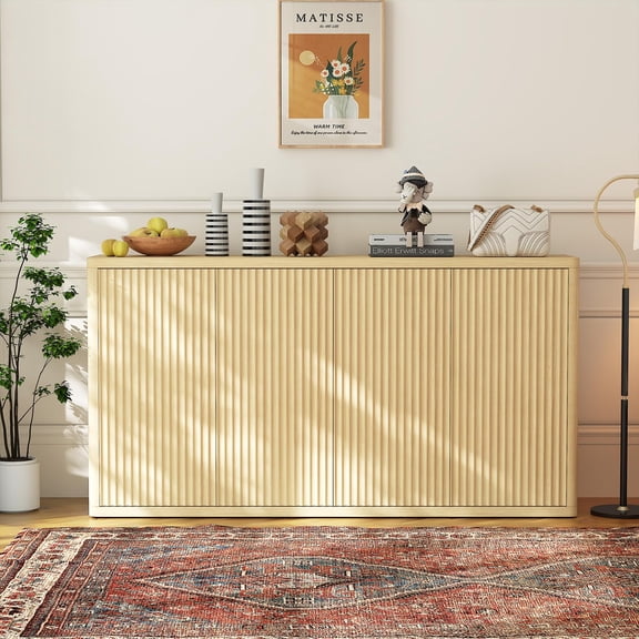 66.3in Large Sideboard Buffet Cabinet, Kitchen Modern Fluted Cupboard Coffee Bar Console Table Credenza Storage Cabinet with Adjustable Shelves for Living Room Hallway, 4 Doors