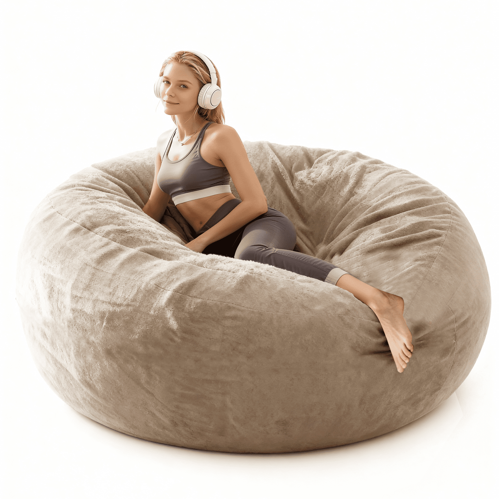 Sanae 4FT Bean Bag Chair for Adults, Memory Foam Filler with Removable Washable Flannel Cover, Lazy Sofa for Living Room, Apricot