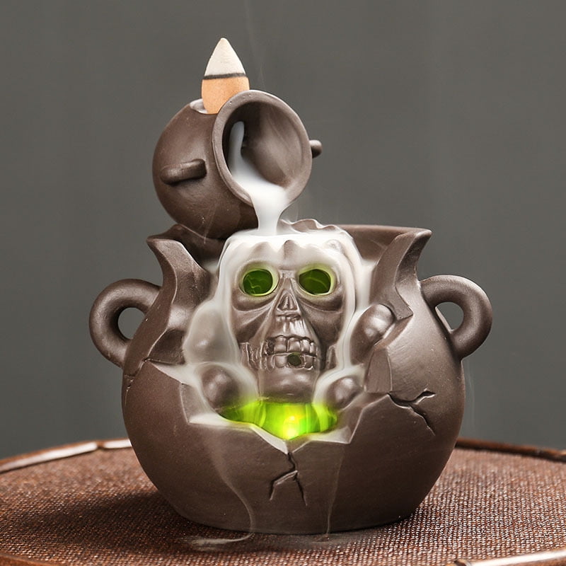 Backflow Incense Burner Skull Ceramic Incense Holder Backflow Incense Cones Holder Ceramic Incense Waterfall Burner Skull Halloween Decor for Home Office Yoga Temple Ornament Type