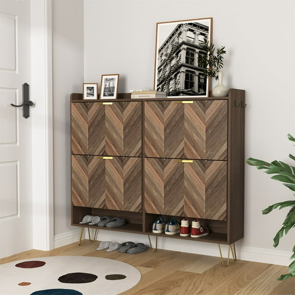 Hommoo Modern Shoe Storage Cabinet, Textured Finish Freestanding Organizer with 4 Flip Drawers & Hook, Shoe Rack Cabinet for Entryway, Brown