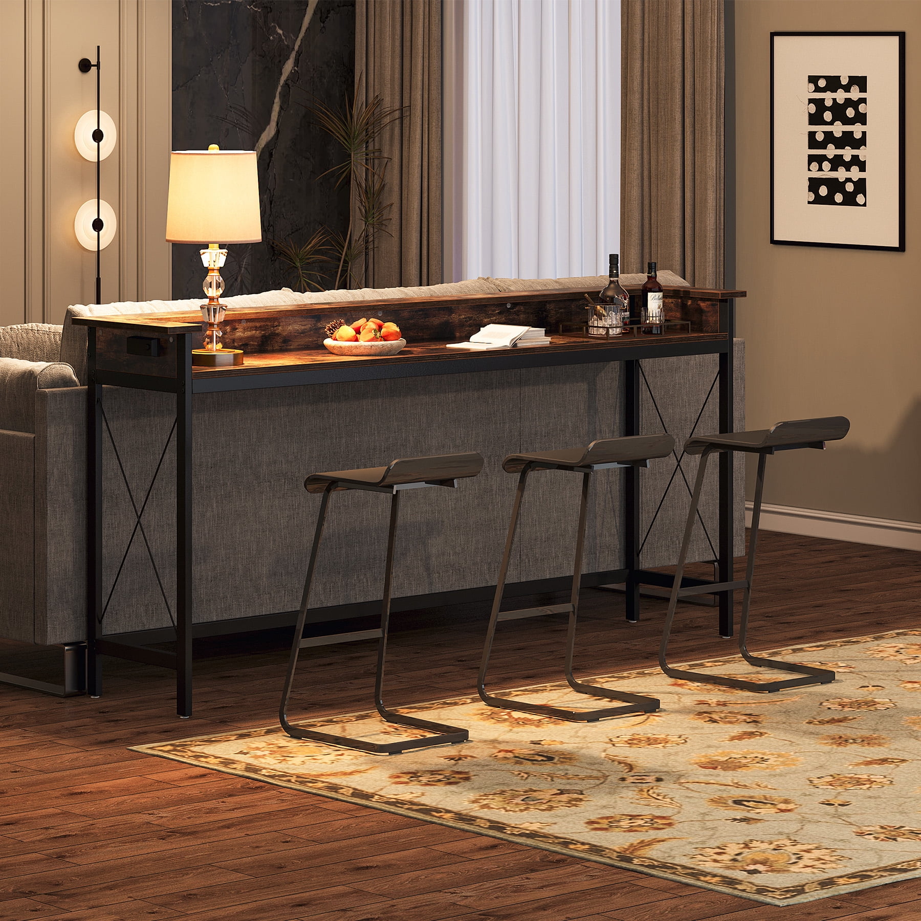 Tribesigns Industrial Sofa Table, 70.9" Long Console Table with Outlets and USB Ports for Entryway, Living Room, Brown