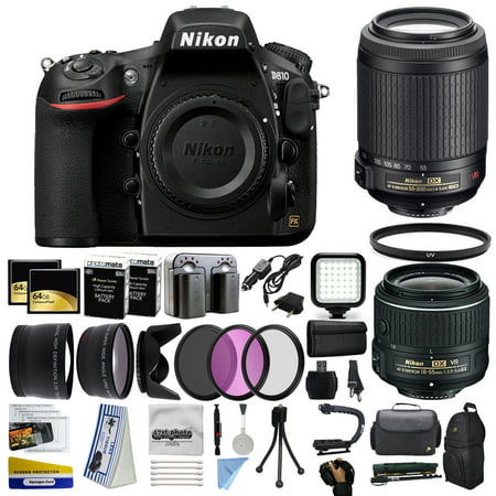 Nikon D810 DSLR Digital Camera with 18-55mm VR II + 55-200mm VR Lens + 128GB Memory + 2 Batteries + Charger + LED Video Light + Backpack + Case + Filters + Auxiliary Lenses + More!