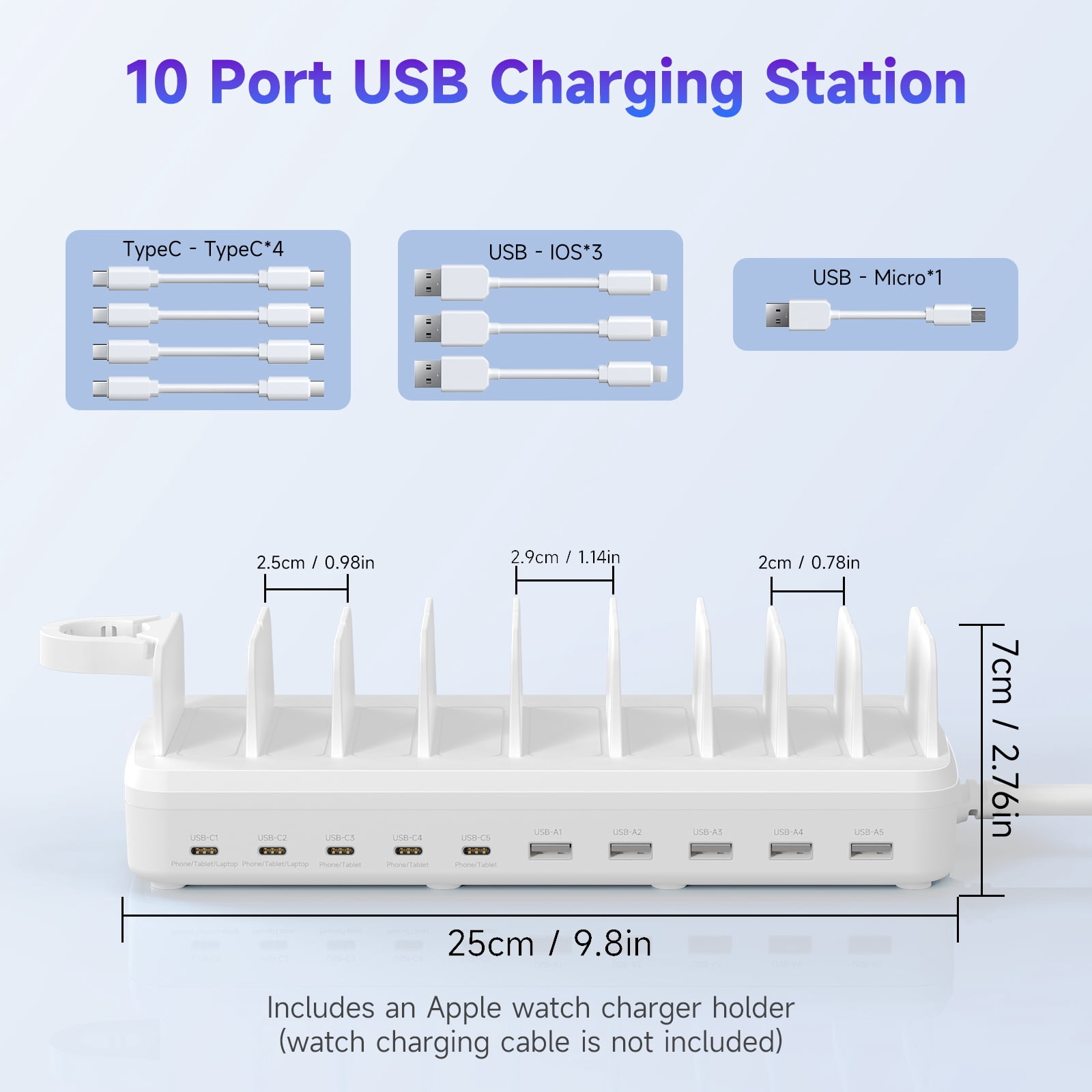 320W Charging Station for Multiple Devices, 10 Ports Fast Multi-Device Charger Organizer Compatible with MacBook Pro Laptop, iPhone, Android, Ipad, Tablet, Kindle, Family Multi-Device Charging Dock