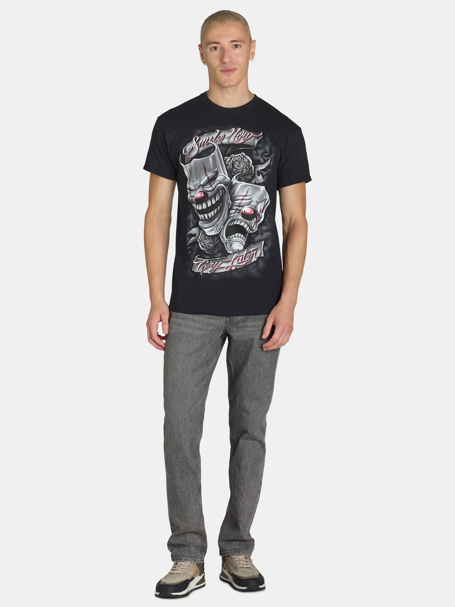 Humor Men's and Big Men's Smile Now Cry Later Masks Graphic Tee with Short Sleeves, Sizes S-3XL