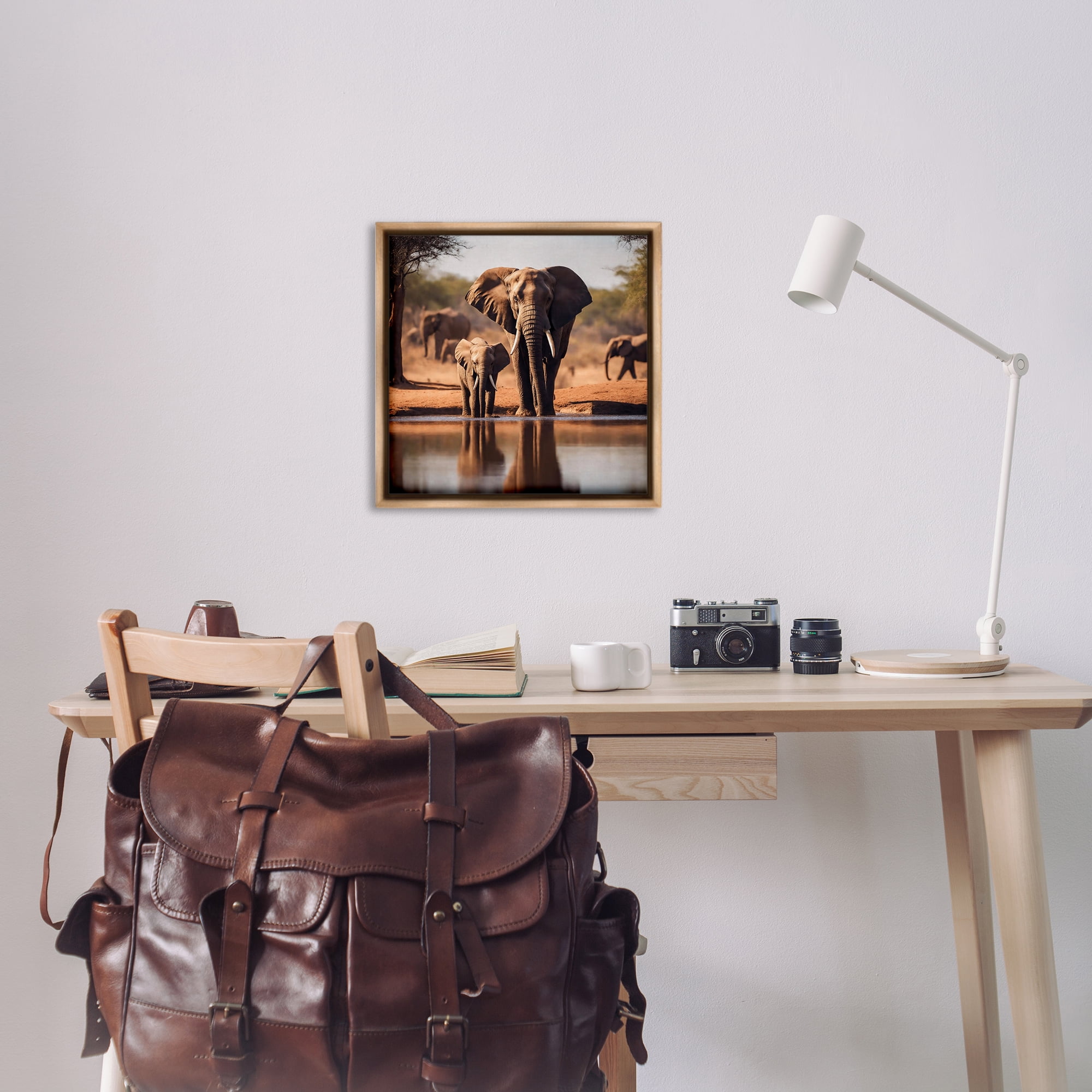 Stupell Industries Elephant & Calf at Waterhole Animals Photography Brown Floater Framed Canvas Art Print Wall Art, 25 x 25