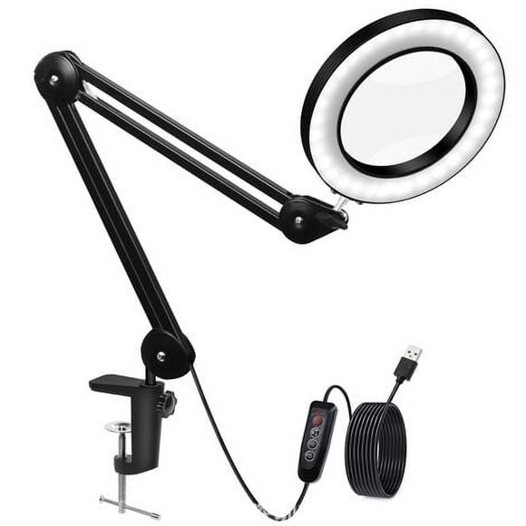 3 Color Modes, Dimmable 5 Diopter Magnifying Glass Lamp, Metal Clamp & Swivel Arm Work Light