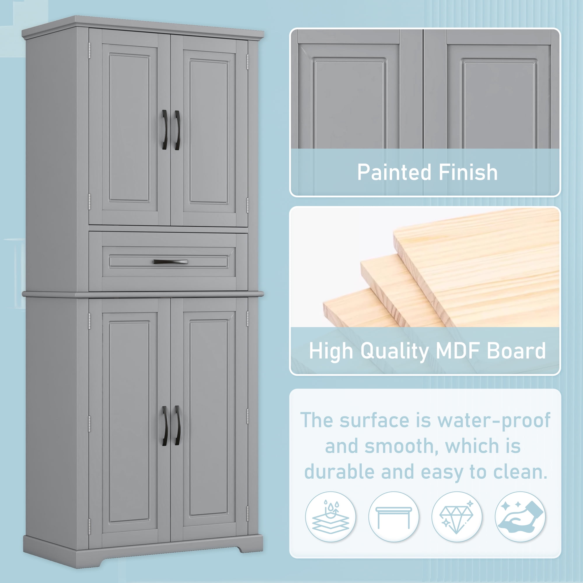 Mintazer 72" Tall Bathroom Linen Cabinet with Adjustable Shelves & Large Drawer, Freestanding Storage Cabinet with Side Door Organizer for Bathroom Laundry Room, Grey