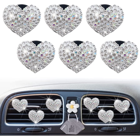 Bling Heart Air Vent Clips, 6 Pcs Silver Heart Car Air Fresheners Vent Clips Car Diffuser Vent Clip Diamond Car Decoration Car Interior Decor Cute Car Accessories for Women Girls + Flower Mask Hook