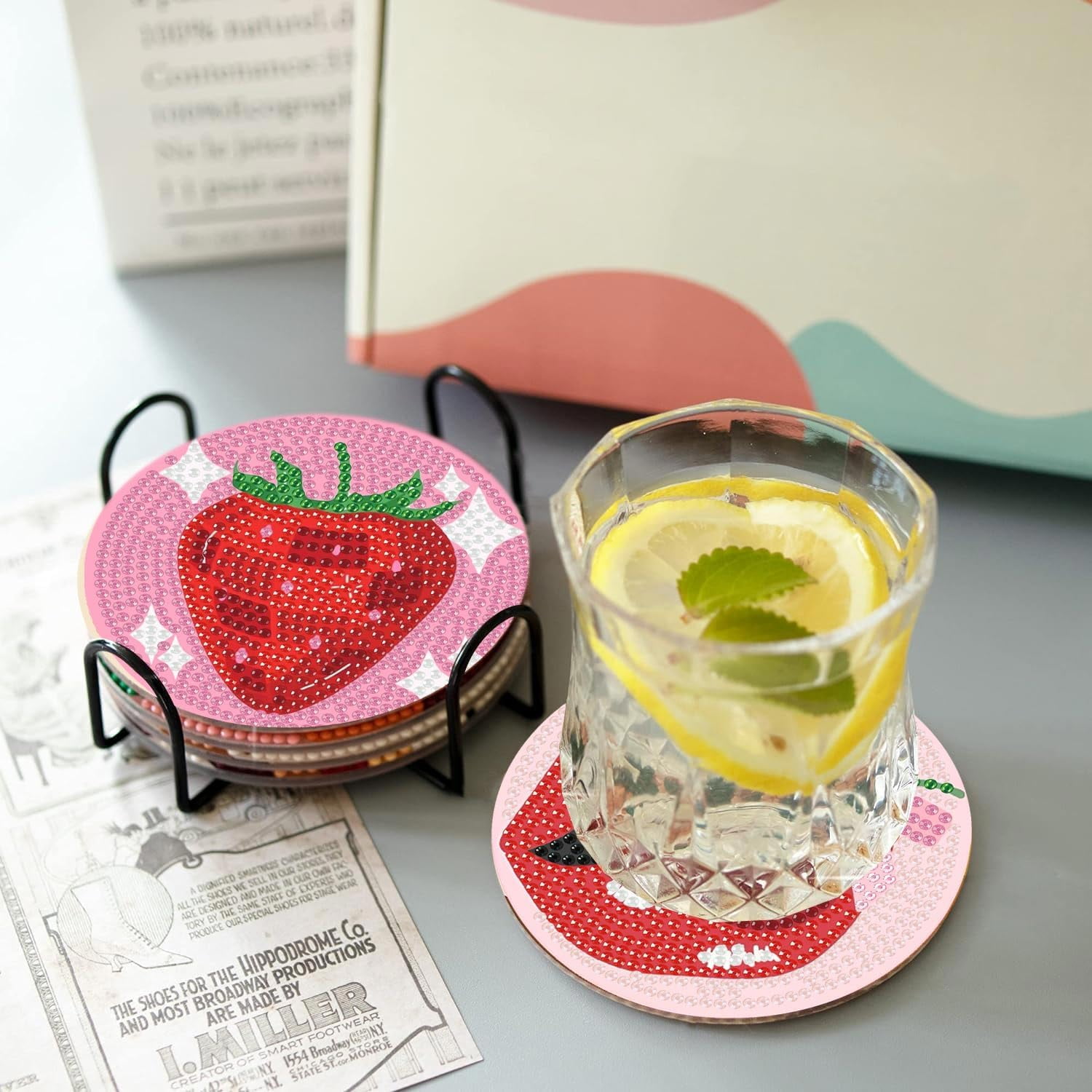 Pink Vintage Diamond Paintings Coasters Kits Set,8 Pieces Retro Funny Drinks Diamond Art Painting Coasters Kit with Holder,5D DIY Full Drill Diamonds Dot for Beginners Gift