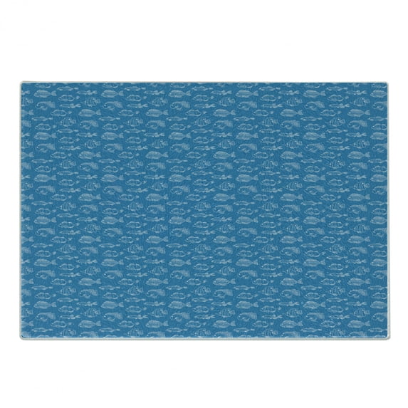Nautical Blue Cutting Board, Repetitive Pattern of Different Fish Spices in Outline Style Design, Decorative Tempered Glass Cutting and Serving Board, in 3 Sizes, by Ambesonne
