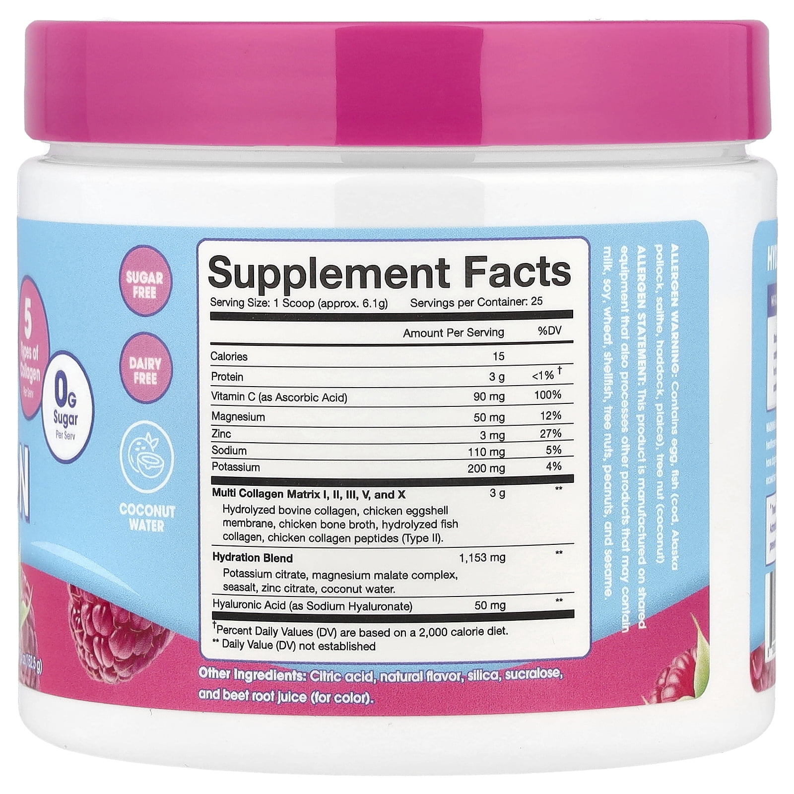 Obvi Hydration Powder | Electrolytes with 5 Collagen Types & Hyaluronic Acid | Sugar-Free Raspberry Rose Hydration, 30 Servings