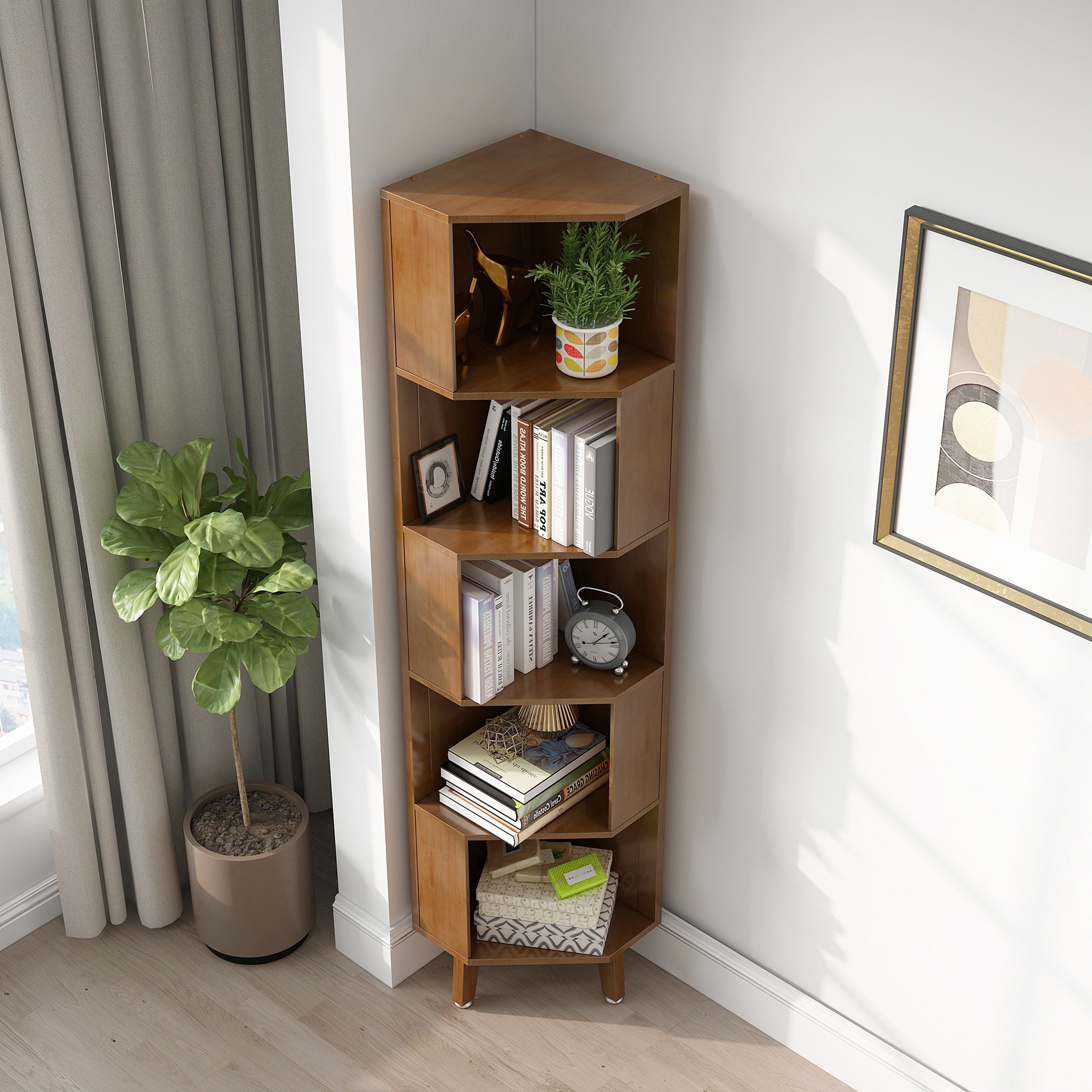 BALANBO 5-Tier Cube Corner Bookshelf Bamboo Corner Bookcase Brown,Modern Display Storage Rack,Brown