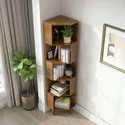 BALANBO 5-Tier Cube Corner Bookshelf Bamboo Corner Bookcase Brown,Modern Display Storage Rack,Brown
