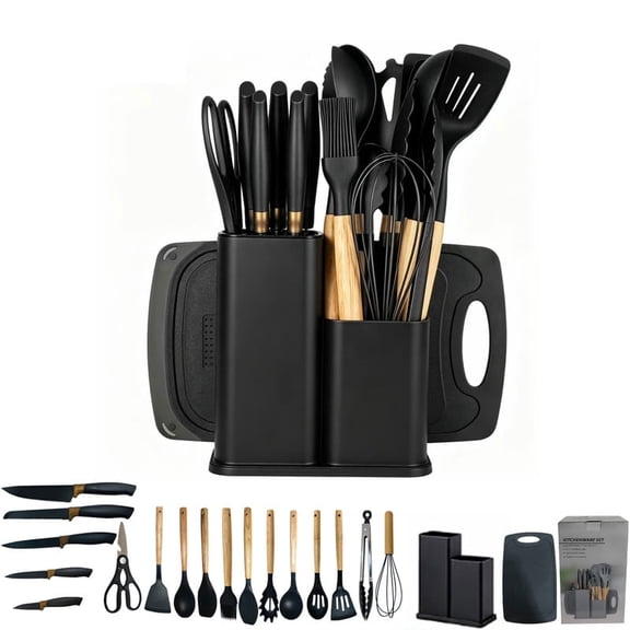 HYCSC Black Silicone Heat Resistant Non-scratch Kitchen & Cooking Utensil Sets with Knife Set, Cutting Board & Storage Holder, 19 pcs