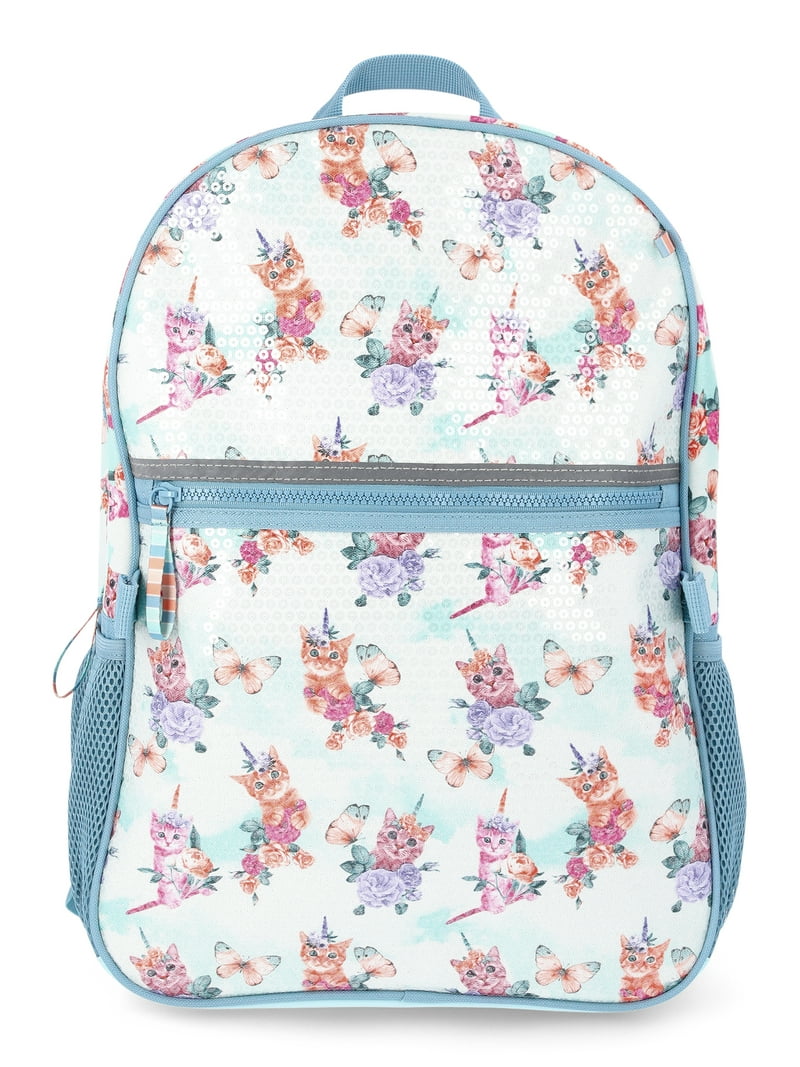 Wonder Nation Girls Sequin Caticorn Dreams 17" Laptop Backpack and Lunch  Bag Set, 4-Piece, Blue