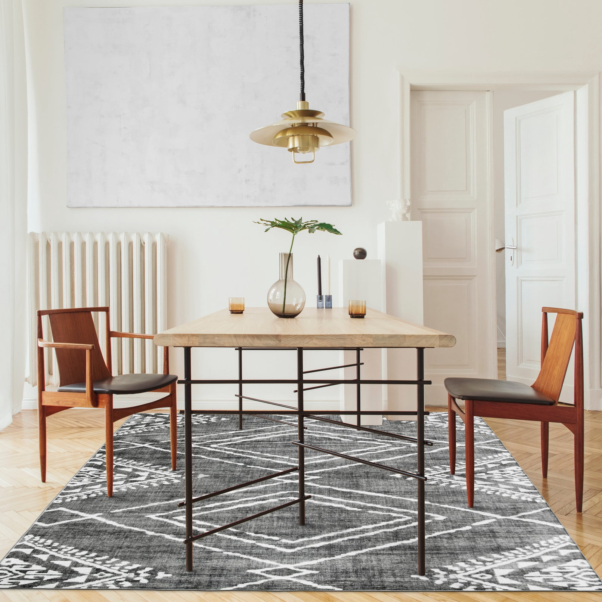 ReaLife Rugs Machine Washable Area Rug - Living Room Bedroom Bathroom Kitchen Entryway Office - Padded Low Pile Stain Resistant Premium - Moroccan Diamond Tribal - Jax - Gray 4' x 6'