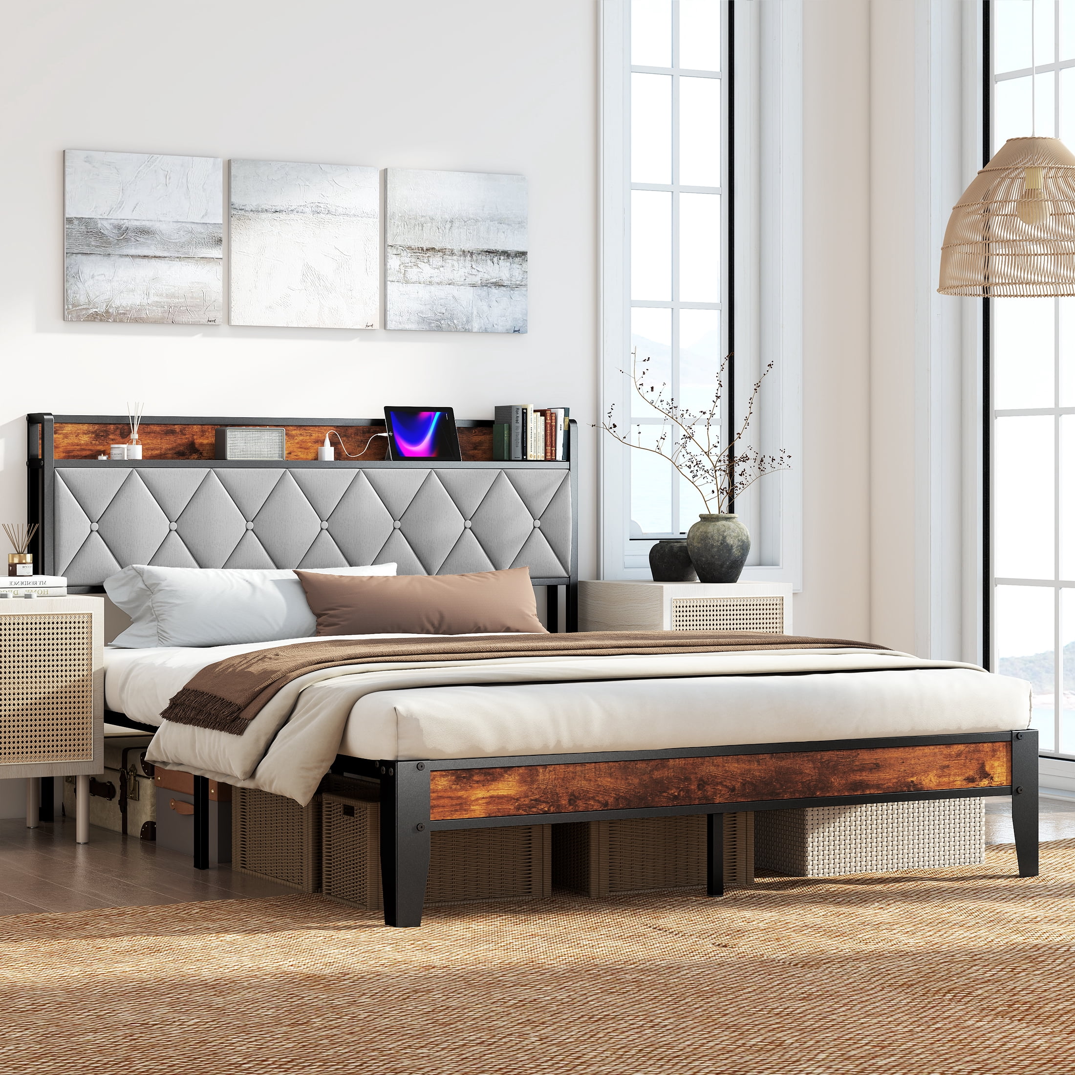 CONCETTA Queen Bed Frame, Heavy Duty Metal, Storage Headboard with Charging Station, Noise Free, No Spring Box Required, 880lbs Capacity