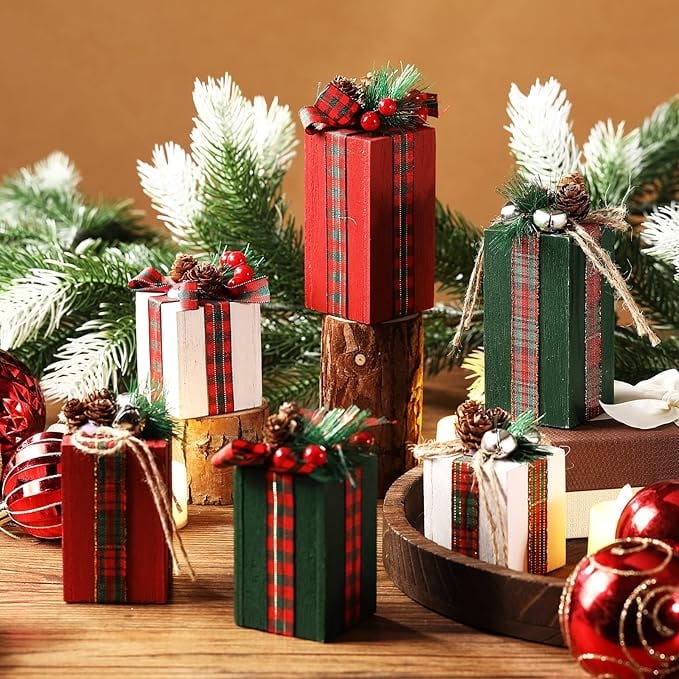 6Pcs Christmas Wooden Gifts Box Decor Christmas Table Centerpieces with Buffalo Plaid Bowknot Faux Present Blocks Rustic Gifts Tiered Tray Decor for Xmas Party