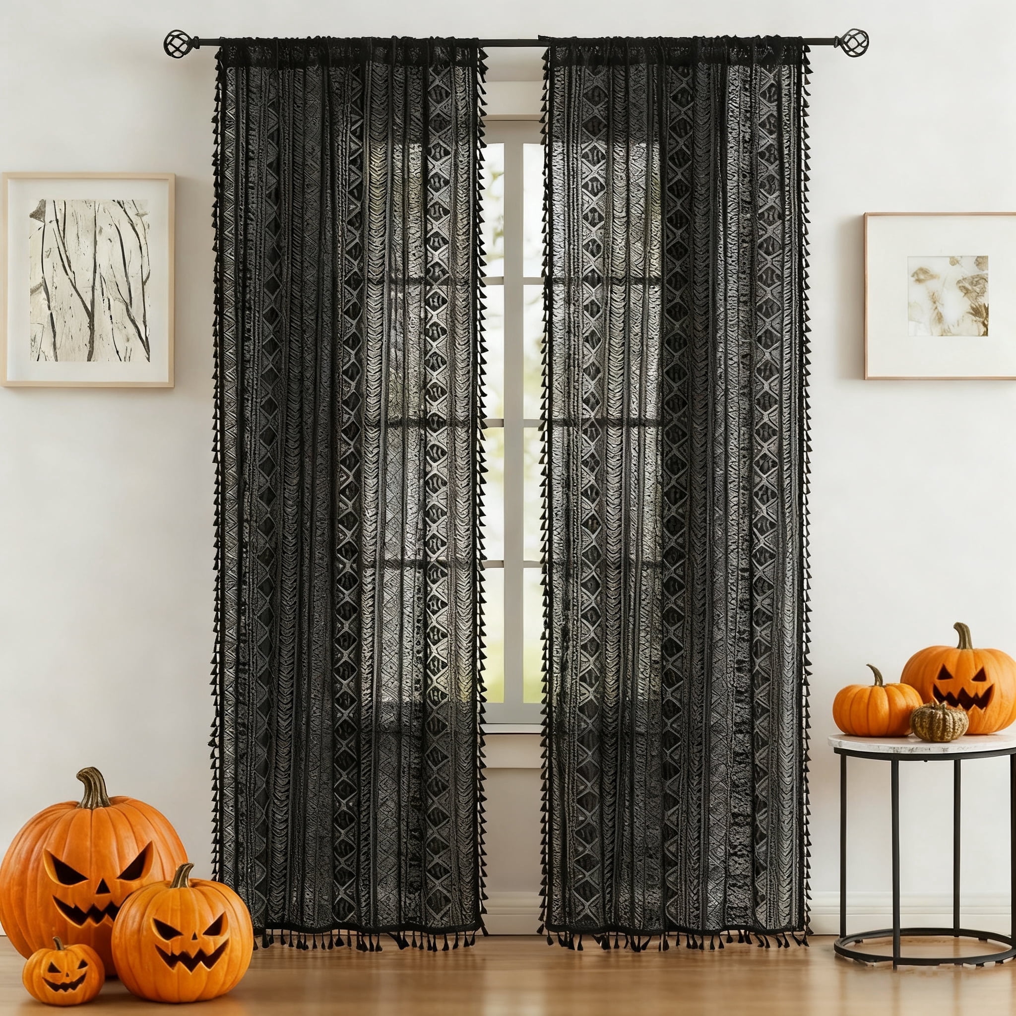 Bohogeo Black Linen Textured Tassel Sheer Lace Curtain Panels, Chic Crochet Geometry Knitting Rod Pocket Window Drapes for Living Room Bedroom, 2 Panels,63" L x 40" W