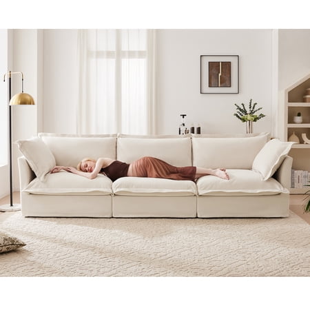 120" Upholstered Chenille 3 Seater Cloud Deep Seat Sofa, Slipcovered Sectional Couch with Removable Covers for Living Room,Cream