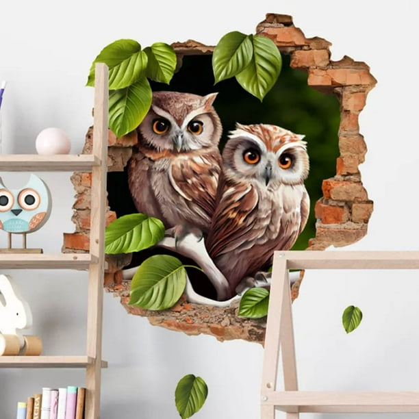 Adhesivos de pared 3D con diseño de búho con hojas verdes, efecto pared rota