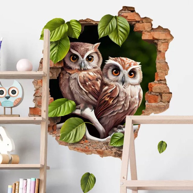 Adhesivos de pared 3D con diseño de búho con hojas verdes, efecto pared rota