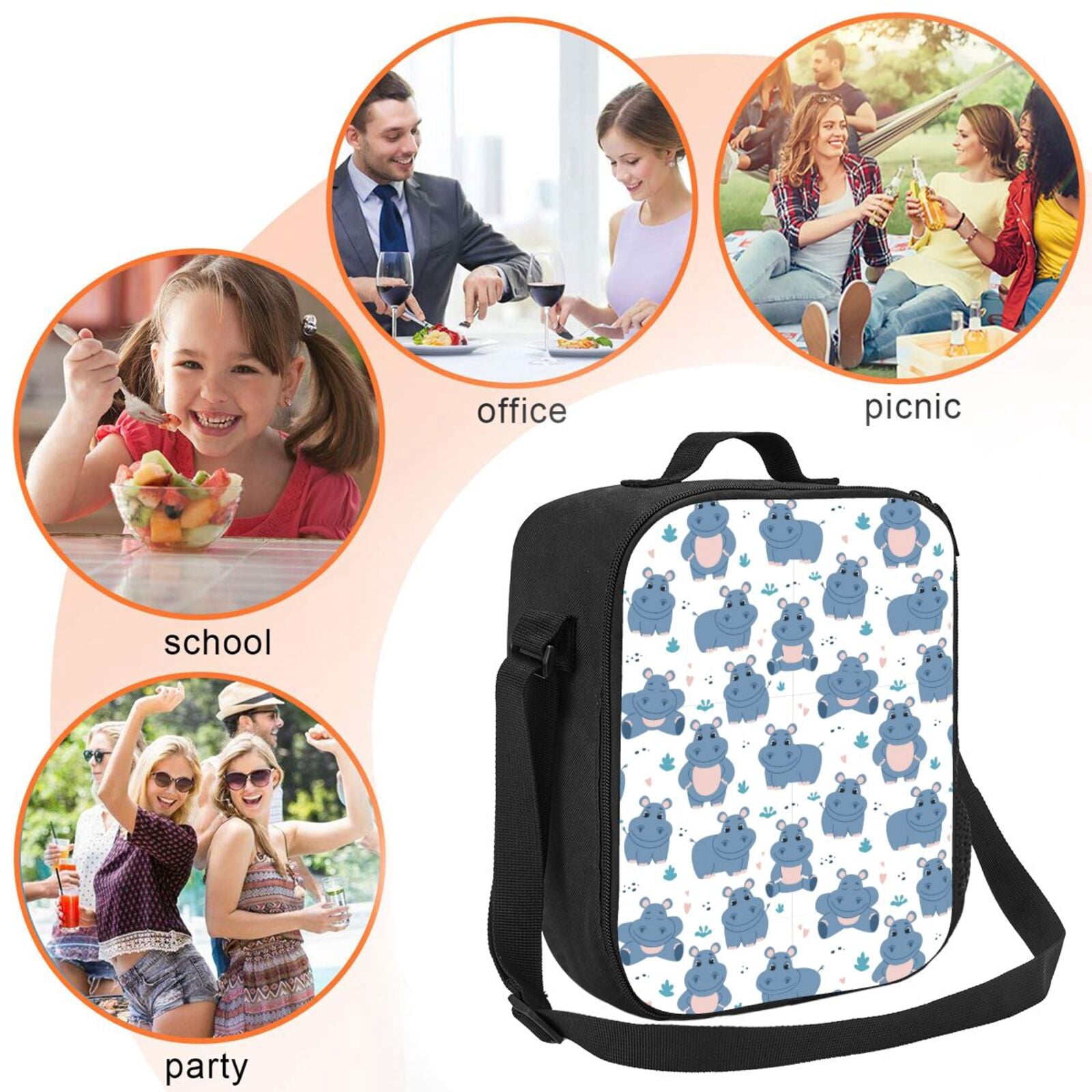 Defioc Cute Hippos Print Lunch Box for Men & Women, Insulated Lunch Bag Thickened Thermal Leakproof Lunch Tote Bag for Adult Office Travel Picnic