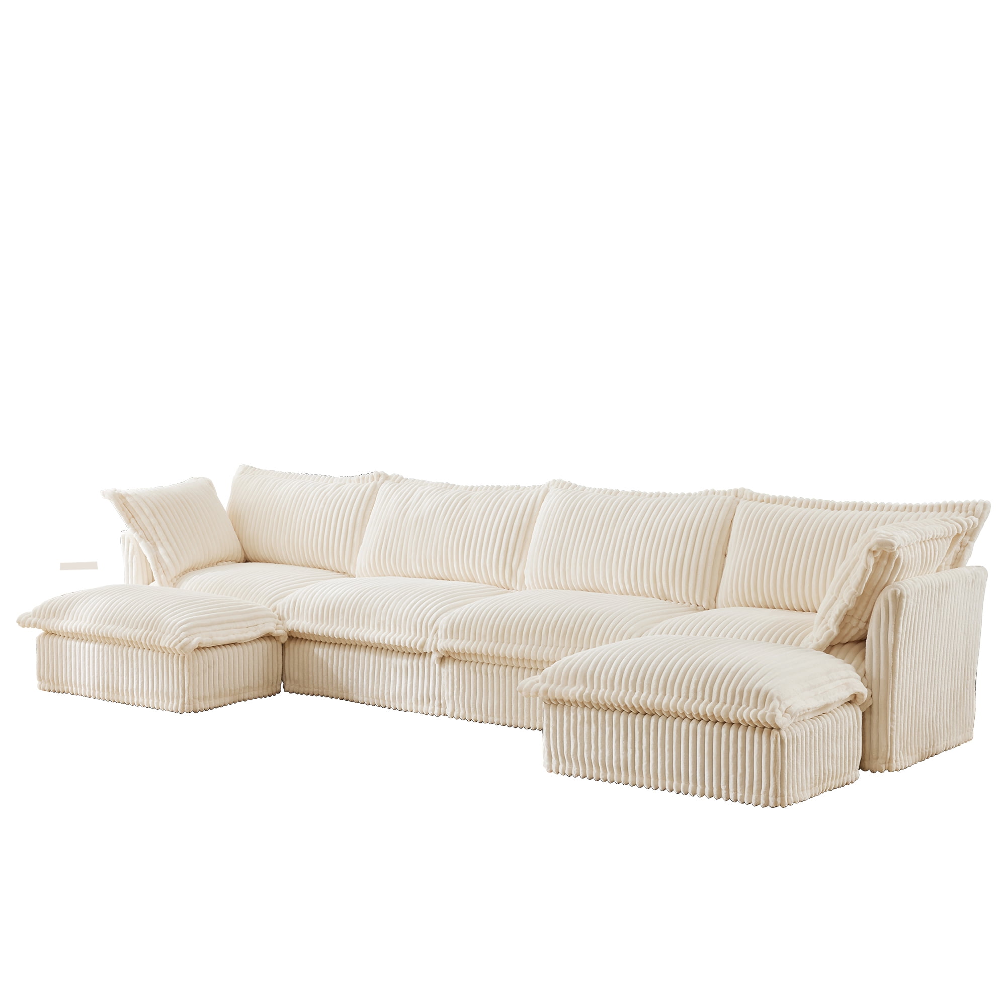 Gewnee Oversize Deep Seat Slipcovered U Shape Sectional Long Sofa Couch, Cream Corduroy Fabric 4 Seater Sofa Comfy Couch for Living Room