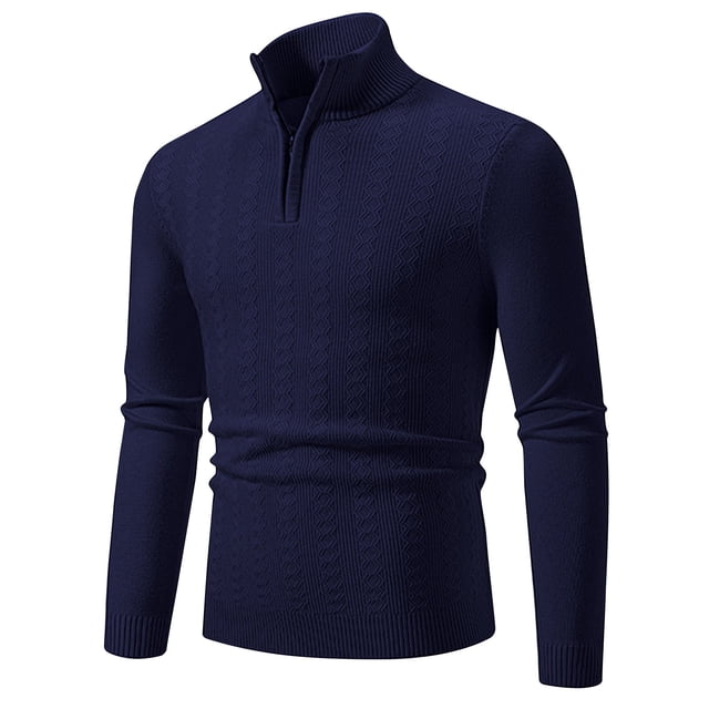Rbaofujie Fall Sweaters Men's Winter Casual Fashion Solid Color Zipper Design Long Sleeved Collar Sweater Navy Fall Sweaters