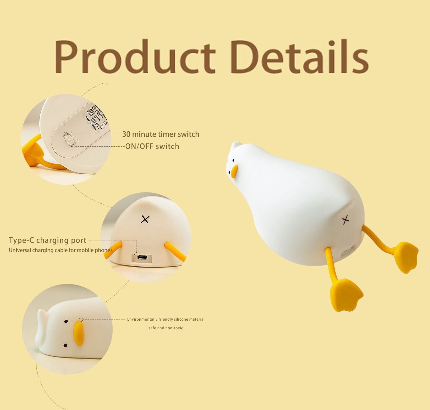 LED Lying Flat Duck Night Light, 3 Level Dimmable Nursery Nightlight,Cute Lamps Silicone Squishy Light Up Duck,Rechargeable Bedside Touch Lamp for Breastfeeding Toddler Baby Kids Decor