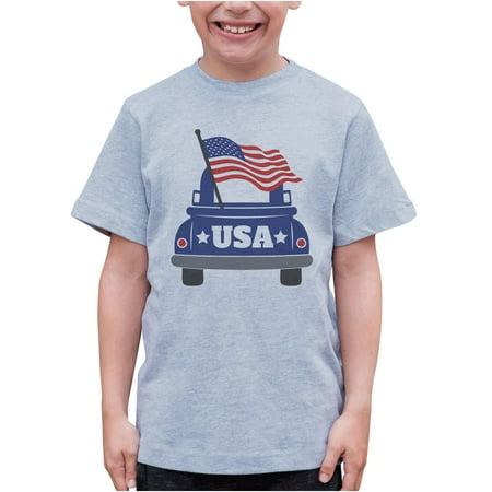 

7 ate 9 Apparel Kids Patriotic 4th of July Shirt - USA Truck American Flag Grey T-Shirt 3T